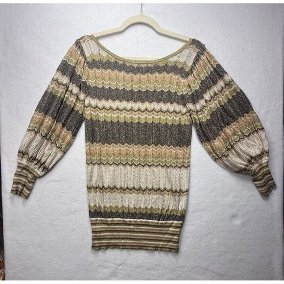 Vtg Bebe Y2K Green Brown Tan Sparkle Multi Zig Zag Scoop Neck Light Sweater Sz S - Picture 2 of 8